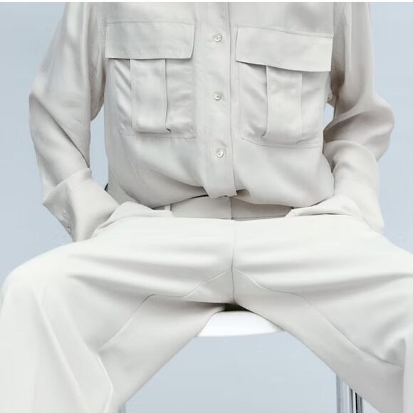 New H&M Pompette Gray Dusty Light Silk Blend Utility Shirt Size XL Oversized - Picture 2 of 14